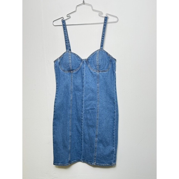 Steve Madden Dresses & Skirts - STEVE MADDEN Denim Bustier Mini Dress Jean Strappy Zip Front Bodycon L
